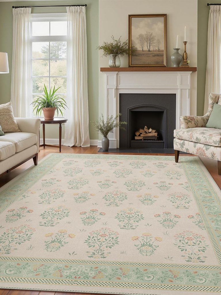 Green Floral Area Rug For Living Room, 5x7 Washable Rug Vintage Boho Area Rug Wi